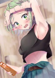 Rule 34 | absurdres, aoi (mechanic) (princess connect!), aoi (princess connect!), arm on own head, arm up, armpits, belt, black tank top, blush, breasts, can, deodorant, dripping, embarrassed, from below, green hair, highres, holding, holding can, messy hair, midriff, okome0620, open mouth, pointy ears, princess connect!, ribs, short hair, sidelocks, sleeveless, small breasts, steam, sweat, tank top, wiping face, yellow eyes