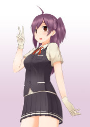 Rule 34 | 10s, 1girl, ahoge, bad id, bad pixiv id, blouse, breasts, brown eyes, gloves, hagikaze (kancolle), highres, kantai collection, long hair, medium breasts, neck ribbon, open mouth, pleated skirt, purple hair, red ribbon, ribbon, school uniform, shirt, short sleeves, side ponytail, skirt, smile, solo, tokito yu, v, vest, white gloves