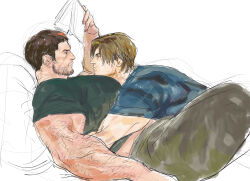 Rule 34 | 123456dyom, 2boys, absurdres, bara, black hair, blue shirt, book, brown hair, brown pants, chris redfield, closed mouth, couple, facial hair, green shirt, highres, holding, holding book, hug, large pectorals, leon s. kennedy, looking at another, male focus, multiple boys, muscular, muscular male, pants, pectorals, resident evil, resident evil 6, shirt, short hair, simple background, yaoi