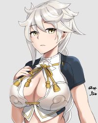 Rule 34 | 10s, 1girl, asymmetrical hair, breasts, cleavage cutout, clothing cutout, cloud print, crop top, eyebrows, hair between eyes, hair ornament, hand on own chest, hayabusa, kantai collection, large breasts, light smile, long hair, looking at viewer, parted lips, short sleeves, silver hair, simple background, solo, unryuu (kancolle), upper body, very long hair, white background, yellow eyes