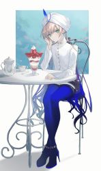 Rule 34 | 1boy, blonde hair, blue hair, blue pantyhose, chair, commentary, fate/grand order, fate (series), feathers, full body, gradient hair, high heels, highres, jacket, long hair, long sleeves, looking at viewer, male focus, multicolored hair, nemo (fate), pantyhose, sherry 0014, shorts, sitting, solo, turban, twintails, two-tone hair, very long hair
