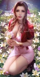 Rule 34 | 1girl, aerith gainsborough, bracelet, breasts, brown hair, commentary, cropped jacket, dress, final fantasy, final fantasy vii, final fantasy vii remake, flower, grass, green eyes, hair ribbon, holding, holding flower, jacket, jewelry, lips, long hair, looking at viewer, medium breasts, open clothes, open jacket, parted lips, patreon username, pink dress, pink flower, pink ribbon, plant, red jacket, red lips, ribbon, short sleeves, signature, solo, squatting, sunlight, thighs, white flower, wickellia