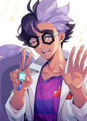 Rule 34 | 1boy, ;d, absurdres, black-framed eyewear, coat, collarbone, commentary request, creatures (company), game freak, gen 3 pokemon, glasses, grey eyes, hands up, highres, holding, jacq (pokemon), maki (letusgomaki), male focus, nintendo, one eye closed, open clothes, open coat, open mouth, pokemon, pokemon (creature), pokemon sv, purple hair, purple shirt, shirt, short hair, simple background, smile, swalot, teeth, tongue, upper body, v, white background, white coat