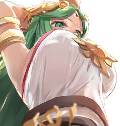 Rule 34 | 1girl, ancient greek clothes, arm up, armlet, armpits, belt, breast focus, breasts, chiton, dress, forehead jewel, green eyes, green hair, huge breasts, jewelry, kid icarus, large breasts, laurel crown, long hair, multiple belts, nintendo, palutena, parted bangs, pendant, solo, strapless, strapless dress, super smash bros., tiara, tomas (kaosu22), very long hair