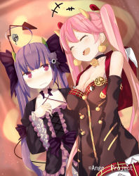 Rule 34 | 10s, 2girls, ange vierge, angry, backpack, bag, bare shoulders, benio (dontsugel), blush, breasts, cleavage, demon horns, demon tail, detached sleeves, dress, closed eyes, frills, hair ornament, horns, large breasts, long hair, long sleeves, multiple girls, nmaaaaa, open mouth, original, pink hair, purple hair, randoseru, red eyes, smile, tail