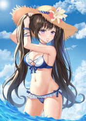 Rule 34 | 1girl, absurdres, armpits, arms up, bad id, bad twitter id, bare shoulders, bikini, black hair, blue bikini, bnari, bracelet, breasts, brown hat, choker, cleavage, cloud, day, flower, frilled bikini, frills, front-tie bikini top, front-tie top, groin, hair tie in mouth, hat, hat flower, highres, jewelry, large breasts, lily (flower), long hair, looking at viewer, mouth hold, navel, original, outdoors, purple eyes, sidelocks, sky, solo, standing, stomach, straw hat, striped bikini, striped clothes, sun, sunlight, swimsuit, thighs, twintails, tying hair, very long hair, wading, water, wristband