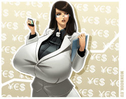 Rule 34 | 1girl, apple, apple inc., blazer, breasts, brown hair, business suit, cellphone, clipboard, curvy, david goujard, dollar sign, euro sign, female focus, food, formal, fruit, gigantic breasts, glasses, huge breasts, iphone, jacket, lipstick, long hair, makeup, office lady, original, outline, parted lips, phone, smartphone, solo, suit, swept bangs, uniform, white outline, yen sign