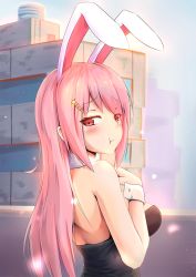 Rule 34 | 1girl, animal ears, back, backless leotard, blush, breasts, building, carrot hair ornament, eyebrows, fake animal ears, food-themed hair ornament, hair ornament, leotard, long hair, original, pink eyes, pink hair, playboy bunny, pout, rabbit ears, shoron, solo, wrist cuffs
