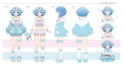 &gt;_&lt; 1girl ? absurdres anger_vein animal_slippers blank_eyes blue_eyes blue_hair blue_jacket blue_scrunchie blue_slippers blush bow bowtie breasts character_name globie highres holding holding_stuffed_toy jacket mask mask_on_head midriff multiple_views navel open_mouth partially_unzipped pink_bow pippa_pebblesworth pom_pom_(clothes) red_bow red_bowtie scrunchie second-party_source short_hair sleep_mask slippers socks stuffed_animal stuffed_penguin stuffed_toy thigh_scrunchie two_side_up white_socks yukiunag1