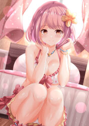 Rule 34 | 1girl, bare arms, bare shoulders, bed, bikini, blush, bow, breasts, brown eyes, cleavage, closed mouth, collarbone, commentary request, curtains, day, feet out of frame, flower, frilled bikini, frills, hair flower, hair ornament, hands up, highres, hoshizaki akari, indoors, jewelry, large breasts, looking at viewer, necklace, ongeki, pillow, pink bow, pink eyes, smile, solo, squatting, star (symbol), star necklace, sunlight, swimsuit, white bikini, window, wooden floor, xenon (for achieve), yellow flower