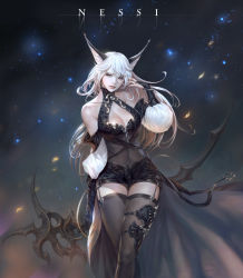 Rule 34 | 1girl, absurdres, animal ears, arm behind back, artist name, asymmetrical bangs, bare shoulders, black gloves, bow (weapon), bracelet, breasts, bridal gauntlets, cleavage, closed mouth, collarbone, covered navel, detached sleeves, eyelashes, floating hair, garter straps, gloves, grey eyes, hand up, highres, holding, holding weapon, jewelry, large breasts, lips, lipstick, long hair, looking at viewer, makeup, nessi, original, puffy sleeves, short shorts, shorts, skindentation, solo, thighhighs, thighs, weapon, white hair, zettai ryouiki