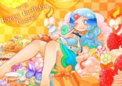 Rule 34 | 1girl, :p, bad id, bad pixiv id, barefoot, blue eyes, blue hair, bug, butterfly, candle, dress, food, fruit, bug, legs, long hair, matching hair/eyes, original, smile, solo, strawberry, sweets, tatugon, tongue, tongue out, wink