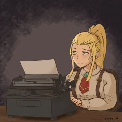 Rule 34 | 1girl, blonde hair, closed mouth, facing to the side, fire emblem, fire emblem engage, high ponytail, highres, jade (fire emblem), nintendo, official alternate costume, sidelocks, suspenders, typewriter, upper body, verniedk, yellow eyes