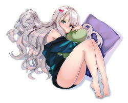 Rule 34 | 10s, 1girl, bad id, bad nicoseiga id, bare legs, barefoot, blue eyes, blush, bow, closed mouth, eromanga sensei, feet, full body, hair bow, highres, izumi sagiri, legs together, long hair, looking at viewer, lying, hugging object, on side, pillow, pink bow, plantar flexion, shigi 0, silver hair, simple background, sitting, solo, stuffed animal, stuffed octopus, stuffed toy, thighs, toes, white background