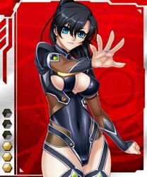 Rule 34 | 1girl, bad tag, black hair, blue eyes, breasts, bridal gauntlets, cleavage, cleavage cutout, clenched hand, clothing cutout, covered navel, cowboy shot, earrings, fishnets, fuuma tokiko, hair between eyes, high ponytail, jewelry, large breasts, leotard, looking at viewer, non-web source, outstretched arm, parted lips, ponytail, sideboob, solo, standing, tagme, thighhighs, turtleneck
