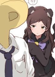Rule 34 | 1girl, animal ears, animal hands, bell, black dress, blush, bow, brown hair, cat ears, cat paws, cat tail, closed mouth, dani-ikapi, dress, fake animal ears, from above, idolmaster, idolmaster million live!, jingle bell, kitazawa shiho, long hair, looking at another, p-head producer, parted bangs, pen, producer (idolmaster), purple bow, purple neckwear, shirt, simple background, sketch, tail, white background, white shirt, yellow eyes