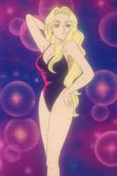 Rule 34 | 1girl, bare legs, black one-piece swimsuit, breasts, cleavage, earrings, highres, jewelry, large breasts, long hair, looking to the side, marilyn (red baron), one-piece swimsuit, red baron (anime), screencap, seductive smile, smile, standing, swimsuit, third-party edit, very long hair