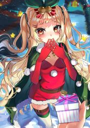Rule 34 | 1girl, absurdres, azur lane, bell, blonde hair, blush, box, cape, christmas, christmas ornaments, christmas present, commission, crossed fingers, dress, elbow gloves, fur-trimmed cape, fur-trimmed gloves, fur trim, gift, gift box, gloves, green cape, green ribbon, hair ornament, hairclip, highres, jenkins (azur lane), jenkins (light of the holiest star) (azur lane), long hair, looking at viewer, night, official alternate costume, pink ribbon, piyokuma, red dress, red eyes, ribbon, skeb commission, snow, solo, star (symbol), strapless, strapless dress, tears, thighhighs, wavy hair, white thighhighs