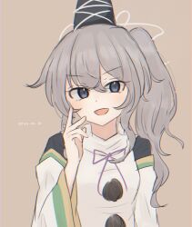 Rule 34 | 1girl, black hat, brown background, dated, grey eyes, grey hair, hat, highres, japanese clothes, kariginu, long hair, long sleeves, monochrome, mononobe no futo, open mouth, pipita, pom pom (clothes), ponytail, simple background, solo, tate eboshi, touhou, upper body