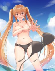 Rule 34 | 1girl, bad id, bad pixiv id, bikini, unworn bikini top, black bikini, blurry, blurry foreground, blush, breast hold, breasts, cloud, covering privates, covering breasts, crossed bangs, hair between eyes, highres, long hair, multi-strapped bikini bottom, navel, ocean, open mouth, orange hair, original, partially submerged, red eyes, sidelocks, sky, solo, summer, swimsuit, syan (4767269), tears, thighs, topless, twintails, very long hair, wading, wardrobe malfunction, wet