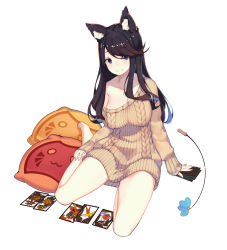 Rule 34 | 1girl, animal ears, azur lane, bare legs, barefoot, black hair, blue eyes, blush, breasts, card, casual, cat ears, cleavage, closed mouth, collarbone, full body, fusou (azur lane), fusou (perfect partner?) (azur lane), hanafuda, large breasts, long hair, long sleeves, looking at viewer, multicolored hair, naked sweater, off-shoulder sweater, off shoulder, official alternate costume, official art, pillow, rain lan, ribbed sweater, simple background, sitting, sleeves past wrists, smile, solo, sweater, swept bangs, transparent background, white background, yokozuwari