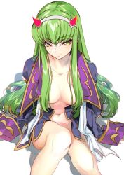 Rule 34 | 10s, 1girl, breasts, c.c., cleavage, closed mouth, coat, code geass, commentary request, cosplay, creayus, darling in the franxx, from above, green hair, hairband, horns, jacket, knees up, long hair, long sleeves, looking at viewer, medium breasts, naked coat, nude, sidelocks, simple background, sitting, smile, solo, tsurime, white background, yellow eyes, zero (code geass), zero (code geass) (cosplay), zero two (darling in the franxx), zero two (darling in the franxx) (cosplay)