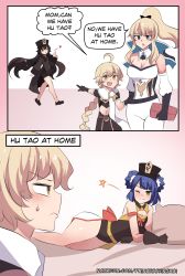 Rule 34 | 1boy, 2koma, 3girls, ;), absurdres, aether (genshin impact), ahoge, bare shoulders, black hair, black headwear, blonde hair, blowing kiss, blue eyes, blue hair, braid, braided hair rings, braided ponytail, breasts, cleavage, closed mouth, comic, detached sleeves, english text, flat chest, genshin impact, gloves, hair rings, hat, heart, highres, hinghoi, hu tao (genshin impact), jean (genshin impact), large breasts, long hair, long sleeves, lying, meme, multiple girls, on bed, one eye closed, orange eyes, pillow, pointing, pointing at another, ponytail, short hair, smile, speech bubble, sweatdrop, very long hair, walking, xiangling (genshin impact)