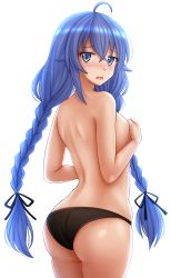 Rule 34 | 1girl, :d, ahoge, ass, black panties, black ribbon, blue eyes, blue hair, blush, braid, breasts, commentary, covering privates, covering breasts, from behind, hair between eyes, hair ribbon, highres, kazenokaze, long hair, looking at viewer, looking back, low twintails, mushoku tensei, nose blush, open mouth, panties, ribbon, roxy migurdia, simple background, small breasts, smile, solo, topless, twin braids, twintails, underwear, underwear only, very long hair, white background
