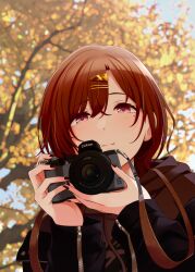 Rule 34 | 1girl, absurdres, aojiroi fokkusu, autumn, black nails, black sweater, blue sky, blurry, blurry background, brown hair, camera, camera around neck, commentary request, day, hair ornament, hairclip, hands up, highres, higuchi madoka, holding, holding camera, idolmaster, idolmaster shiny colors, light blush, light smile, long sleeves, looking at viewer, mole, mole under eye, nail polish, purple eyes, short hair, sky, solo, sweater, tree, upper body, zipper, zipper pull tab