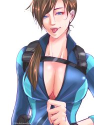 Rule 34 | 1girl, blue eyes, bodysuit, breasts, brown hair, cleavage, highres, iori.m, jill valentine, large breasts, long hair, looking at viewer, naughty face, open mouth, resident evil, resident evil: revelations, simple background, smile, solo, teasing, tongue, tongue out, unzipping, wet, white background