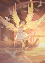 Rule 34 | 1girl, absurdres, angel wings, artist request, bare legs, bare shoulders, bird, blonde hair, blue eyes, blush, child, crying, douluo dalu, dress, falling feathers, feathers, full body, highres, long hair, looking to the side, multiple wings, parted lips, qian renxue (douluo dalu), second-party source, solo, tiara, white bird, white dress, white footwear, wings