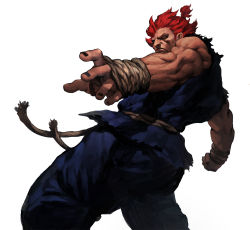 Rule 34 | 1boy, bare shoulders, belt, black nails, clenched hand, closed mouth, dark skin, dark-skinned male, diaodiao, fingernails, akuma (street fighter), highres, looking at viewer, male focus, muscular, nail polish, ponytail, red eyes, red hair, rope, rope belt, simple background, solo, street fighter, torn, torn clothes, white background
