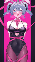 Rule 34 | 1girl, animal ears, black leotard, blue eyes, blush, bow, bowtie, breasts, brown pantyhose, cleavage, commentary request, covered navel, fake animal ears, hair ornament, hatsune miku, heart, heart-shaped pupils, highres, leotard, looking at viewer, medium breasts, open mouth, pantyhose, pink background, pink bow, pink bowtie, pink ribbon, playboy bunny, pure pure (rabbit hole), rabbit ears, rabbit hole (vocaloid), ribbon, short hair, smile, solo, sweat, symbol-shaped pupils, twintails, ute (perouthi), vocaloid, x hair ornament