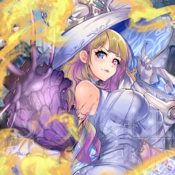 Rule 34 | 1girl, blonde hair, blunt bangs, breasts, detached sleeves, diabellze the original sinkeeper, duel monster, gloves, hat, kalian, large breasts, long hair, multicolored hair, open mouth, parted lips, purple hair, single bare shoulder, single sleeve, solo, streaked hair, upper body, witch hat, yu-gi-oh!