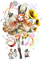 Rule 34 | 1girl, arm up, beamed quavers, boots, box (hotpppink), brown hair, cross-laced footwear, dress, drum, drumsticks, epaulettes, feathers, frilled dress, frills, full body, green eyes, hat, heart, instrument, knee boots, lace-up boots, long hair, looking at viewer, majorette, mouse (animal), musical note, open mouth, original, outstretched arms, personification, pocketland, quaver rest, shako cap, simple background, solo, staff (music), standing, standing on one leg, thighhighs, trumpet, uniform, wand, white background, white thighhighs