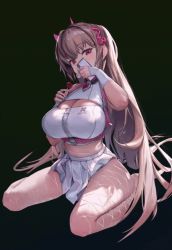 Rule 34 | 1girl, animated, animated gif, bouncing breasts, breasts, brown hair, candy, cleavage, fishnets, food, goddess of victory: nikke, hair ornament, huge breasts, kiss, kneeling, lollipop, looking at viewer, nail polish, phone, red eyes, skirt, solo, tagme, viper (nikke)