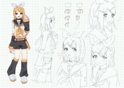 Rule 34 | 1girl, absurdres, aqua eyes, bare shoulders, belt, belt buckle, black choker, blonde hair, bow, buckle, character sheet, choker, collarbone, commentary, detached sleeves, frilled shirt, frills, full body, grid background, hair bow, hair ornament, hairclip, highres, kagamine rin, keylow, leg warmers, midriff, multiple views, neckerchief, romaji commentary, sailor collar, shirt, shorts, sketch, sleeveless, sleeveless shirt, smile, solo, treble clef, vocaloid, white bow, yellow belt, yellow neckerchief