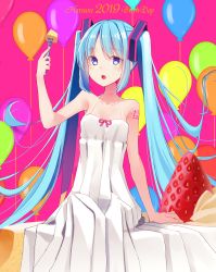 Rule 34 | 1girl, 2019, absurdres, balloon, bare arms, bare shoulders, blue eyes, blue hair, character name, collarbone, commentary request, dress, food, food on face, fork, fruit, hair ornament, hatsune miku, highres, holding, holding fork, long hair, looking at viewer, makadamixa, open mouth, pink ribbon, pleated dress, purple background, ribbon, sidelocks, sitting, sleeveless, sleeveless dress, solo, strawberry, teeth, twintails, upper teeth only, very long hair, vocaloid, white dress