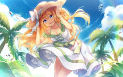 Rule 34 | 1girl, aizawa hikaru, blonde hair, blue eyes, breasts, cleavage, cloud, collarbone, commentary request, day, dress, eyebrows, hair between eyes, hands on headwear, hat, leaning forward, long hair, medium breasts, microsoft, outdoors, palm tree, ribbon, shinia, sky, solo, straw hat, sundress, tree, white ribbon, wind