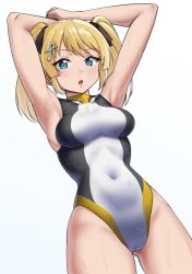 Rule 34 | 1girl, arms behind head, battle girl high school, black ribbon, blonde hair, blue eyes, cameltoe, commission, competition swimsuit, covered navel, cowboy shot, forte (symbol), fortissimo, hair ornament, hair ribbon, kougami kanon, long hair, looking at viewer, makino harumaki, multicolored clothes, multicolored swimsuit, musical note, musical note hair ornament, one-piece swimsuit, ribbon, skeb commission, solo, swimsuit, twintails
