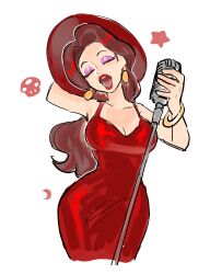 Rule 34 | 1girl, absurdres, closed eyes, cropped legs, donkey kong (series), dress, earrings, eyeshadow, hat, highres, jewelry, makeup, mario (series), microphone, microphone stand, nintendo, open mouth, oshirimarsh, pauline (mario), red hat, red lips, solo, super mario odyssey, super mushroom, white background