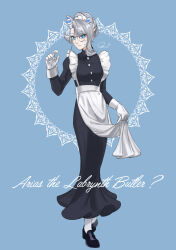 Rule 34 | 1girl, alternate costume, apron, arias the labrynth butler, blue background, blue eyes, character name, demon horns, duel monster, full body, gloves, grey hair, horns, long hair, maid, monocle, pointy ears, quo (haizaraq), shoes, simple background, solo, yu-gi-oh!