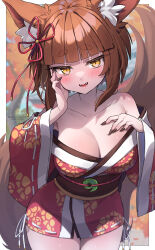 Rule 34 | 1girl, animal ears, bare shoulders, black nails, blunt bangs, blush, breasts, brown eyes, brown hair, cleavage, collarbone, commission, fangs, fingernails, fox ears, fox girl, fox tail, hand on own cheek, hand on own face, highres, large breasts, looking at viewer, open mouth, original, sharp fingernails, short hair, skeb commission, smile, solo, tail, thick eyebrows, trente