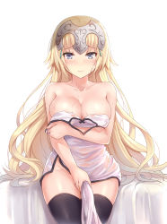 Rule 34 | 1girl, absurdres, ahoge, bare shoulders, black thighhighs, blonde hair, blush, breasts, cleavage, clothes pull, collarbone, dress, dress pull, embarrassed, fate/grand order, fate (series), groin, headpiece, highres, jeanne d&#039;arc (fate), jeanne d&#039;arc (ruler) (fate), jeanne d&#039;arc (third ascension) (fate), large breasts, long hair, looking at viewer, no panties, pelvic curtain, purple eyes, sitting, solo, sweat, thighhighs, very long hair, white dress, yuemanhuaikong