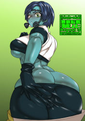 Rule 34 | 1girl, artist name, ass, ass grab, blue skin, boku no hero academia, breasts, bubble girl (boku no hero academia), butt crack, clothes pull, colored skin, crop top, from behind, gloves, grabbing own ass, green eyes, grey background, highres, huge ass, large breasts, looking at viewer, looking back, mask, pants, pants pull, shosho oekaki, solo, underboob