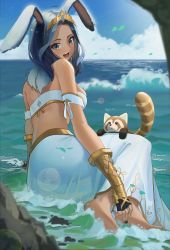 Rule 34 | 1girl, :d, animal, warrior of light (ff14), bare shoulders, barefoot, black gloves, black hair, black nails, commentary request, day, final fantasy, final fantasy xiv, fingerless gloves, forehead, gloves, green eyes, highres, horizon, looking at viewer, looking back, mobu (wddtfy61), nail polish, ocean, open mouth, outdoors, parted bangs, raccoon, shallow water, skirt, smile, soles, solo, tiara, viera, water, waves, white skirt