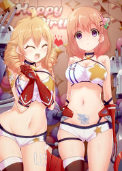 Rule 34 | 2girls, :o, ahoge, azur lane, balloon, bare shoulders, birthday, birthday party, black choker, blonde hair, blush, body writing, breasts, brown legwear, chicago (azur lane), chicago (azur lane) (cosplay), choker, cleavage, closed eyes, collarbone, commentary request, commission, cosplay, cowboy shot, crop top, crossover, drill hair, eagle union (emblem), elbow gloves, empty eyes, gloves, gluteal fold, gochuumon wa usagi desu ka?, groin, hair between eyes, hair ornament, hairclip, halterneck, heart, highres, hoto cocoa, indoors, large breasts, long hair, looking at viewer, midriff, multiple girls, navel, open mouth, orange hair, own hands clasped, own hands together, parted lips, purple eyes, red gloves, rigging, shaded face, shirt, short hair, short shorts, shorts, sidelocks, single thighhigh, skeb commission, skindentation, sleeveless, sleeveless shirt, smile, standing, star (symbol), star print, string of flags, taut clothes, taut shirt, thigh gap, thighhighs, turret, twin drills, white shirt, white shorts, yakisoba (kaz2113)