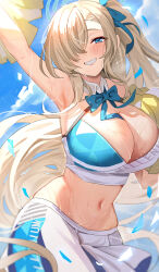 Rule 34 | 1girl, absurdres, alternate costume, aqua bow, aqua bowtie, arm up, armpits, asuna (blue archive), asymmetrical bangs, blonde hair, blue archive, blush, bow, bowtie, breasts, cheerleader, cleavage, confetti, grin, hair over one eye, halo, highres, holding, holding pom poms, large breasts, long bangs, long hair, looking at viewer, millennium cheerleader outfit (blue archive), miniskirt, mole, mole on breast, navel, one eye covered, pom pom (cheerleading), pom poms, ponytail, skirt, smile, solo, tansuan (ensj3875), very long hair