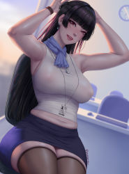 Rule 34 | 1girl, absurdres, armpits, arms behind head, arms up, black hair, blush, breasts, chair, crop top, desk, earrings, highres, id card, jabami yumeko, jesse jordan, jewelry, kakegurui, large breasts, lips, long hair, miniskirt, navel, necklace, covered erect nipples, nipples visible through clothes, office, office chair, office lady, open mouth, parted lips, plump, red eyes, scarf, sexually suggestive, shiny skin, shirt, skirt, sky, sleeveless, sleeveless shirt, solo, stomach, sweat, swivel chair, thick thighs, thighhighs, thighs, twitter username, watch, window