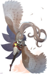 Rule 34 | 1girl, absurdres, ahoge, ankle boots, asymmetrical legwear, belt, bird girl, bird wings, boots, brown capelet, brown cloak, brown hair, cape, capelet, cloak, closed eyes, dagger, falling feathers, feather hair ornament, feathers, hair ornament, hairclip, hieroglyphics, highres, hololive, hololive english, knee strap, kneehighs, knife, lantern, long hair, multicolored hair, nanashi mumei, pleated skirt, ponytail, red skirt, ribbon, shirt, single kneehigh, single sock, single thighhigh, skirt, smile, socks, streaked hair, thigh strap, thighhighs, uzda ricecake, very long hair, virtual youtuber, weapon, white shirt, wings